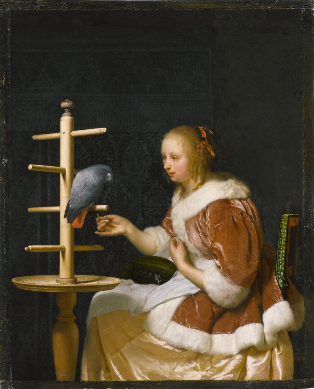Mladá žena krmí papouška, 1663. od Frans van Mieris the Elder