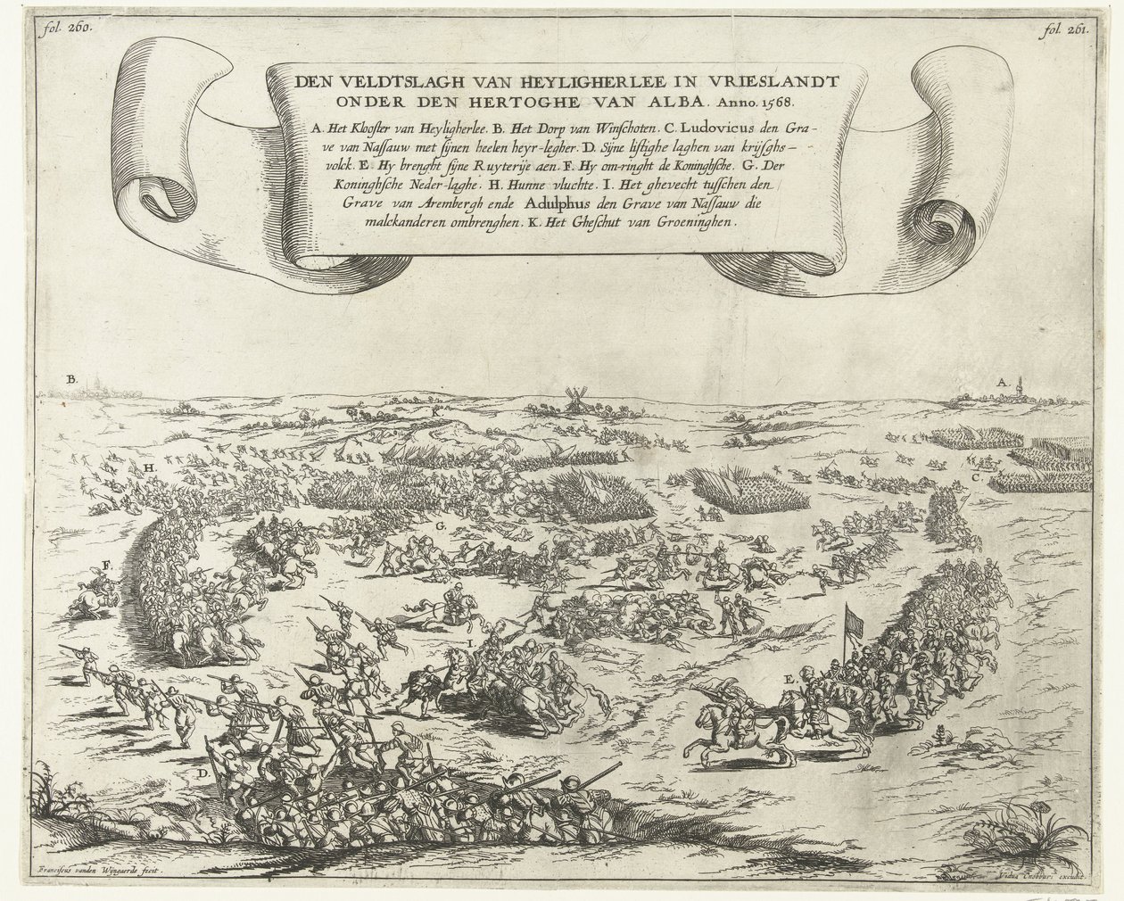 Bitva u Heiligerlee, 1568 Bitva u Heyligherlee ve Vrieslandtu pod vedením vévody z Alby. Anno 1568 (název na objektu) od Frans van den Wijngaerde