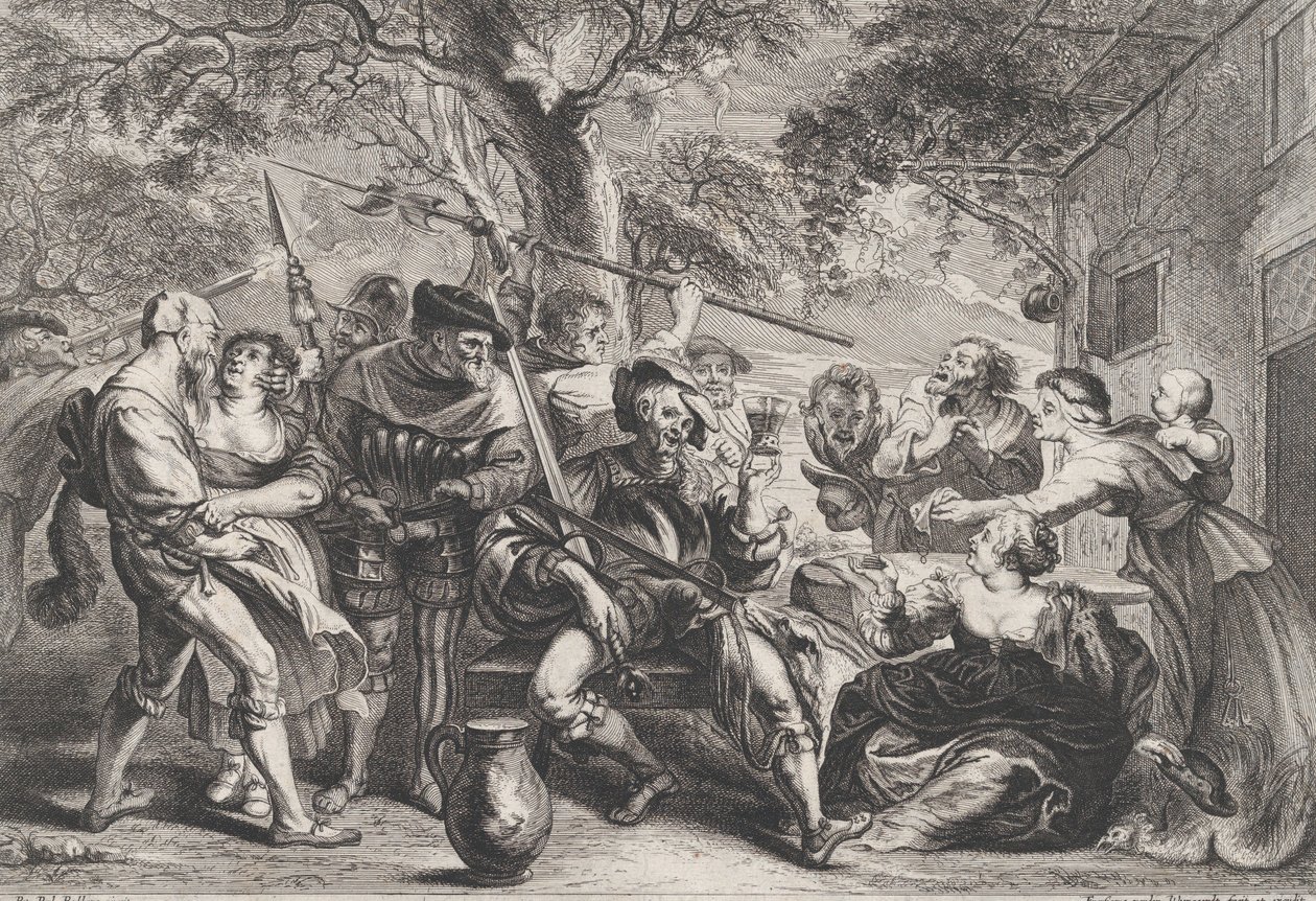 Don Quijote a jednotky La Santa Hermandad mimo hospodu, ca. 1635-79. od Frans van den Wyngaerde