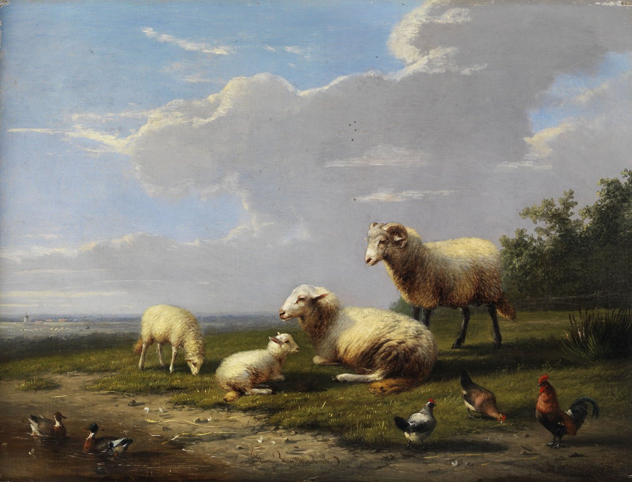 Široká jarní krajina s ovcemi, kuřaty a kachnami od Franz van Severdonck