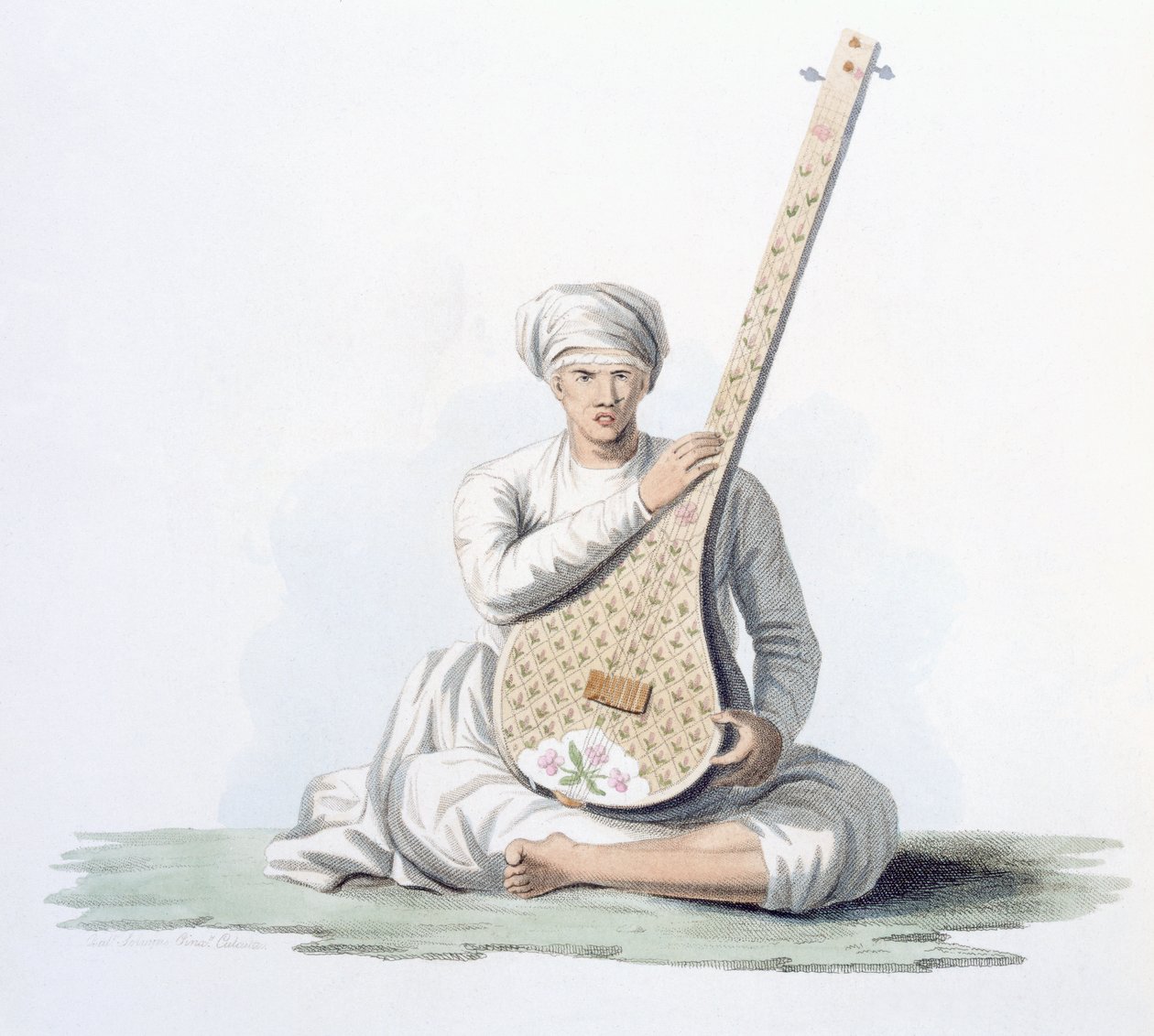 Tumboora, hudební nástroj, na který hrají příslušníci vyšších kast, z knihy "Costumes of India" od E. Ormeho, 1804 (kolorovaný lept) od Franz Balthazar Solvyns