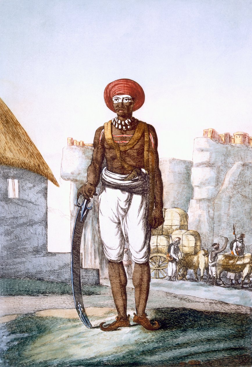 Ozbrojená garda kmene Brijbasis, často využívaná cestujícími jako doprovod, z „Hinduisté, aneb popis jejich způsobů, zvyků a obřadů, kolem 1808-12 (ručně kolorovaná rytina) od Franz Balthazar Solvyns