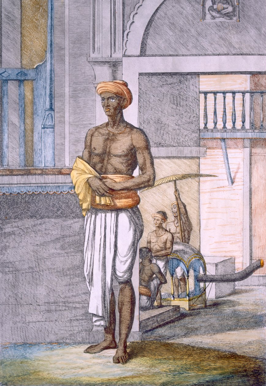 Bengálec sloužící jako nosič s taxíkem v pozadí, z knihy "The Hindus, or the Description of their Manners, Costumes and Ceremonies", asi 1808-12 (kolorovaný lept). od Franz Balthazar Solvyns