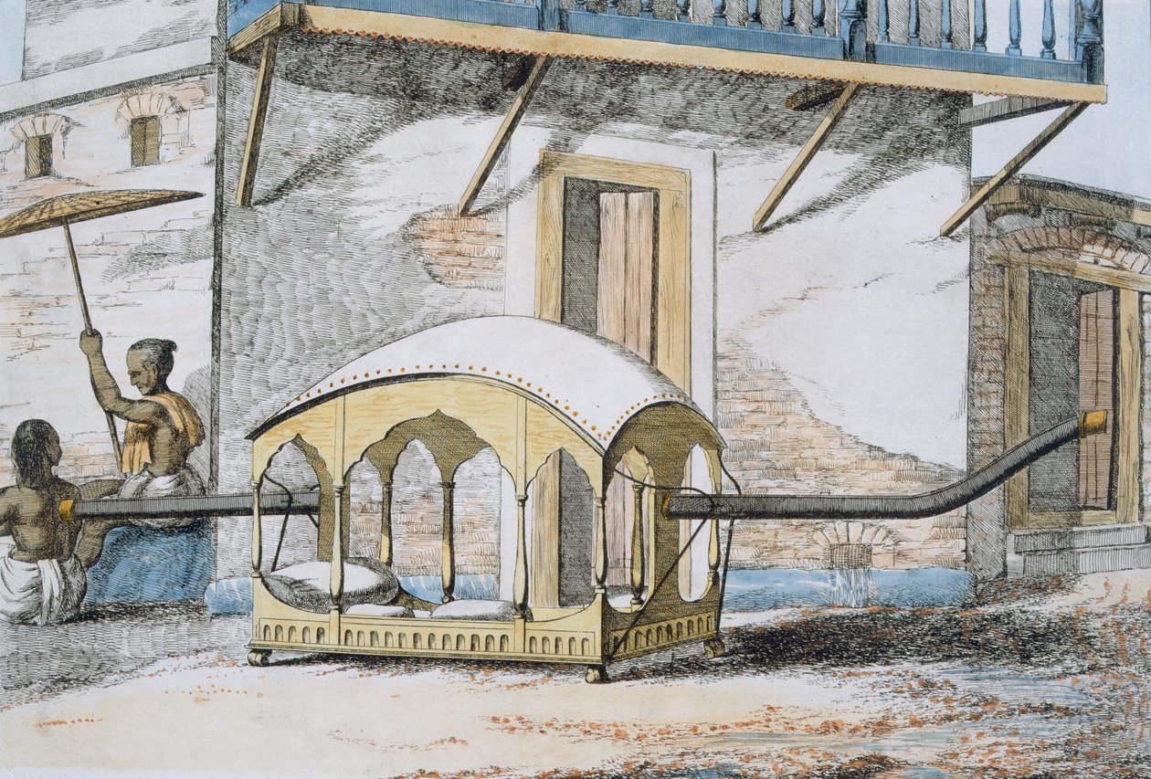 Majanah, neboli zakryté ležící nosítka, z „Mýry, zvyky a šaty hinduistů“, 1799 (barevný lept) od Franz Balthazar Solvyns
