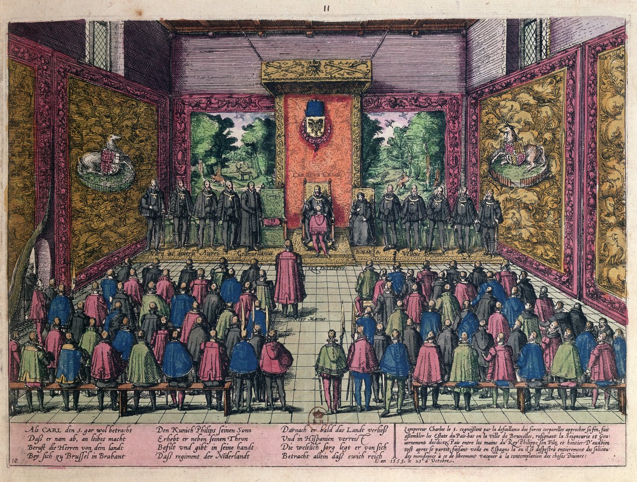 Císař Karel V. (1500-58) oznamuje před soudem v Bruselu dne 25. října 1555 abdikaci své moci nad Dolní zemí svému synovi a dědici Filipovi II. (1527-98) od Franz Hogenberg