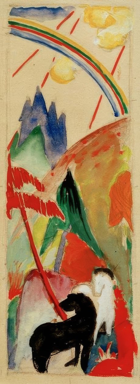 Černý a bílý kůň v horské krajině s deštěm od Franz Marc