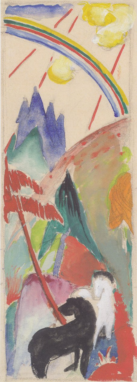 Černý a bílý kůň v horské krajině s duhou od Franz Marc