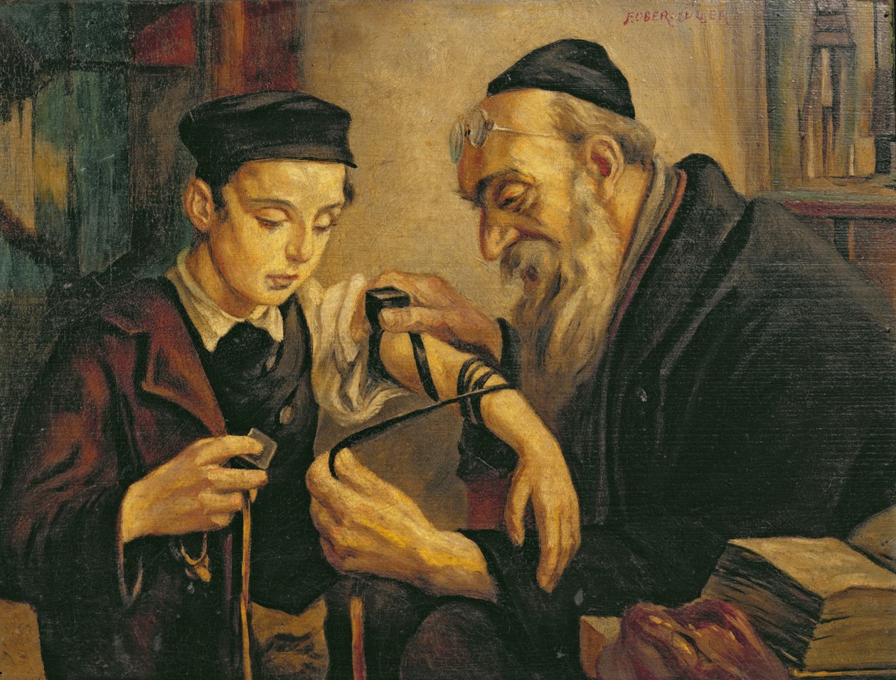 Rabbi přivazující Phylacterie na paži chlapce od Franz Obermüller