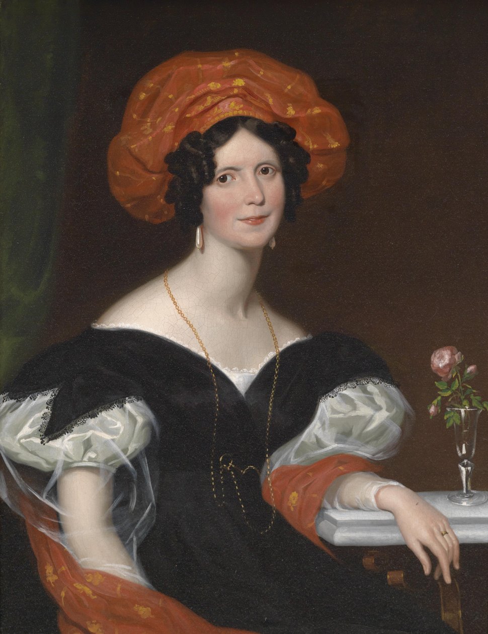 Portrét sedící dámy s červeným šátkem a červenou pokrývkou hlavy od Franz Xaver Winterhalter