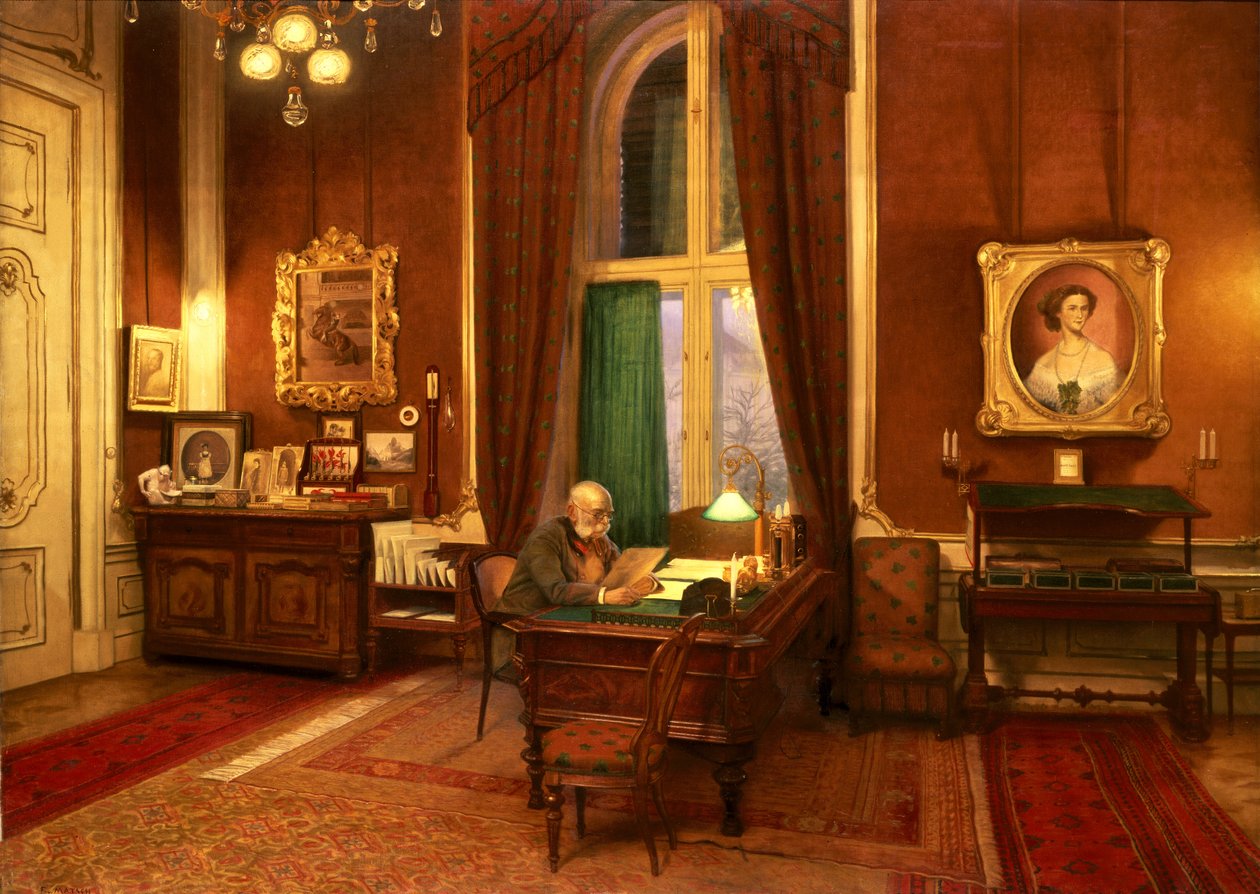 Rakouský císař František Josef I. ve své pracovně na Schloss Schonbrunn od Franz von Matsch