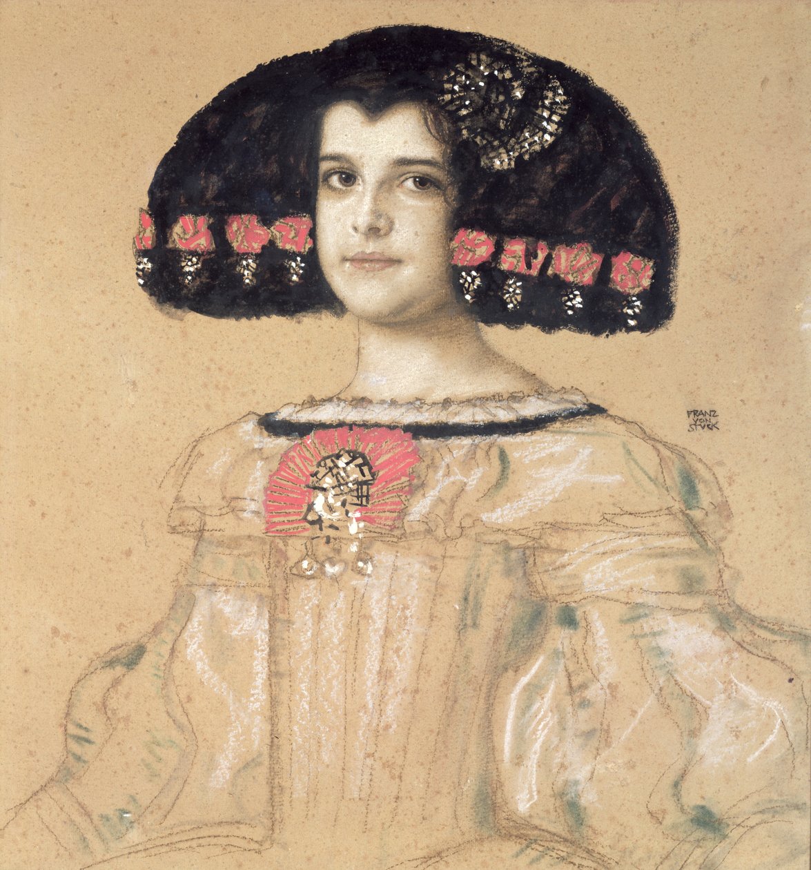 Portrét Marie, umělcovy dcery, kolem roku 1908 (tužka, pero a pastel na desce) od Franz von Stuck