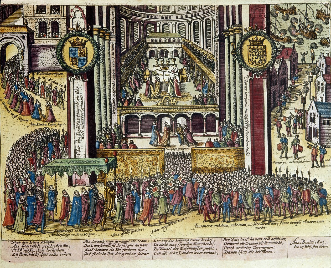 Korunovace anglického krále Jakuba I. (1566-1625) ve Westminsterské katedrále 25. července 1603. 1653 Tisk Franze Hogenberga (1535-1590) Kabinet grafiky, B.N., Paříž. od Franz (after) Hogenberg