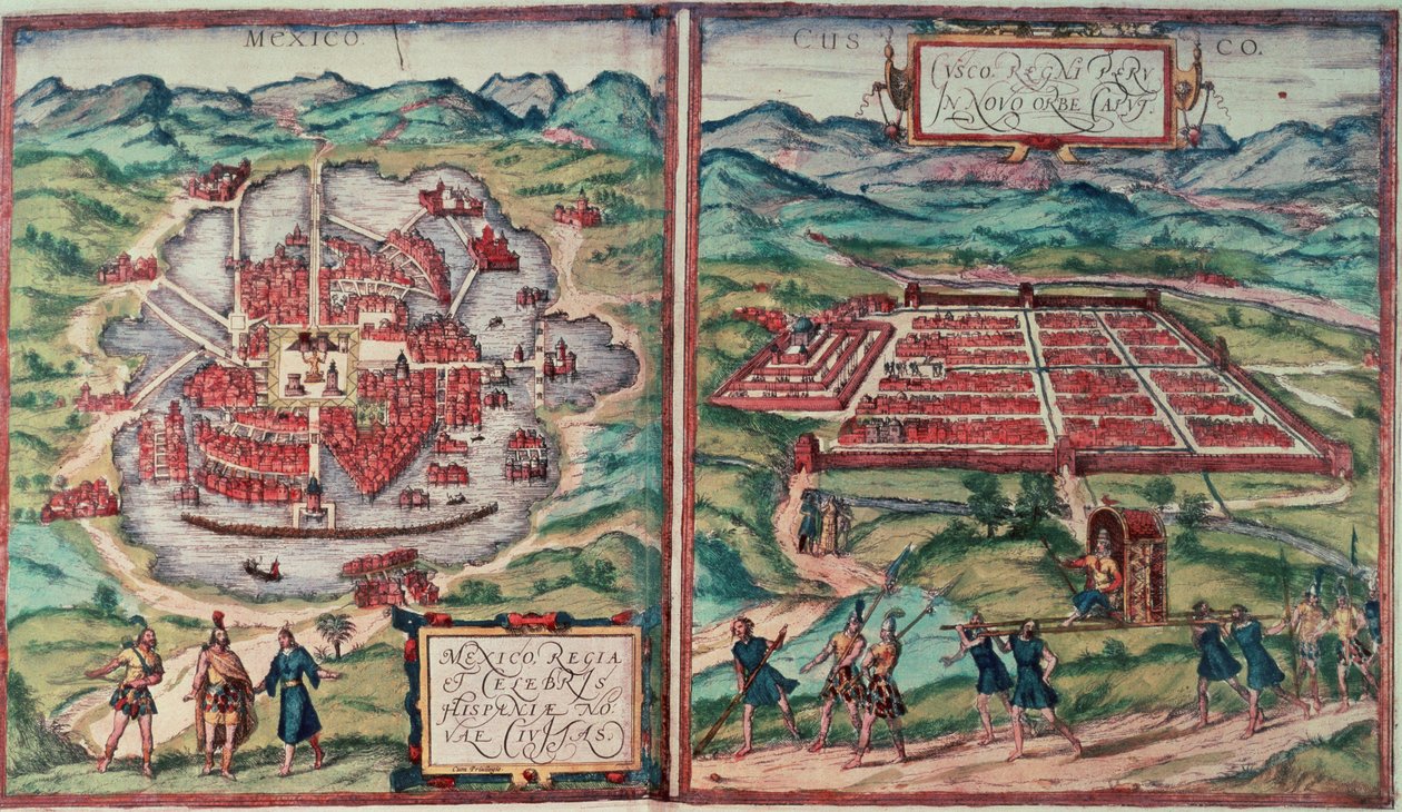 Plány Mexico City, Mexiko a Cusco City, Peru, od Carla Nebela "Voyage Pittoresque" (barevná rytina) (viz 141102) od Franz (after) Hogenberg