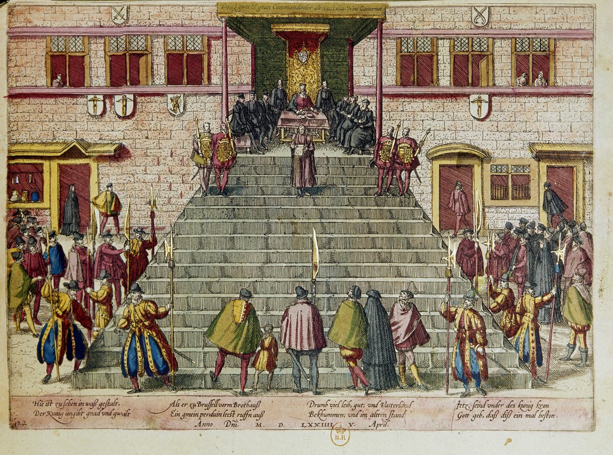 Čtení aktu o milosti dne 5.4.1574 v Bruselu: Vilém I. Oranžský-Nasavský, princ Oranžský, přezdívaný Vilém Tichý (1533-1584), iniciátor povstání proti španělskému králi Filipovi II., známého jako čtyřiadvacetiletá válka, která vyvrcholila v roce 1533. od Franz (after) Hogenberg