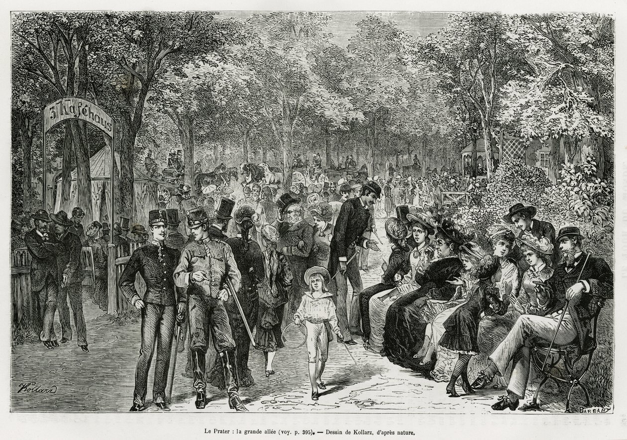 Prater: velký chodník. Rytina od Kollarze, k ilustraci příběhu Vídeň a její předměstí, od M. Newlinského, v roce 1881, publikovaná v Tour du monde, pod vedením Edouarda Chartona (1807-1890) od Franz (after) Kollarz