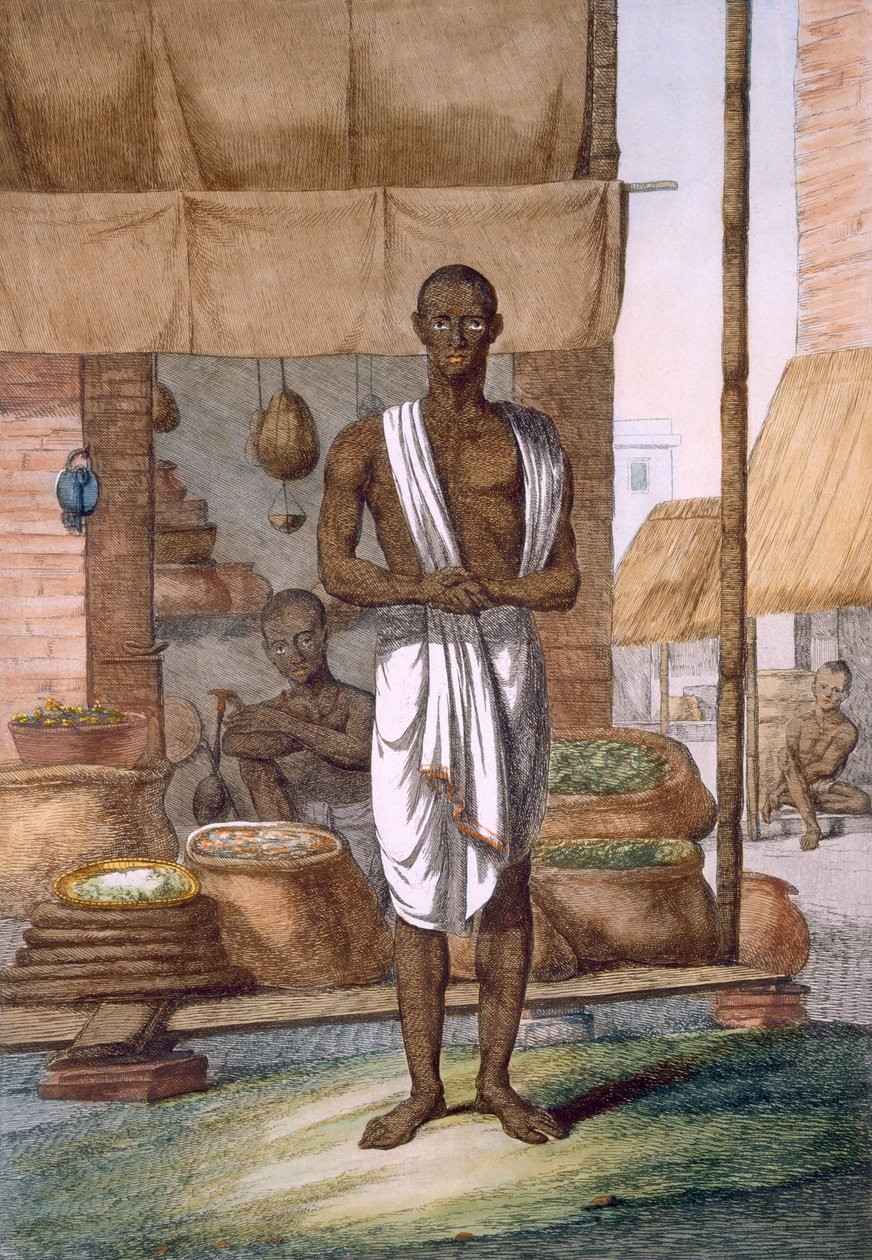 Potravinář před svým obchodem se zbožím v pytlích, z „Hinduisté nebo popis jejich způsobů, kostýmů a obřadů“, kolem 1808-12 (barevný lept) od Franz Balthazar Solvyns