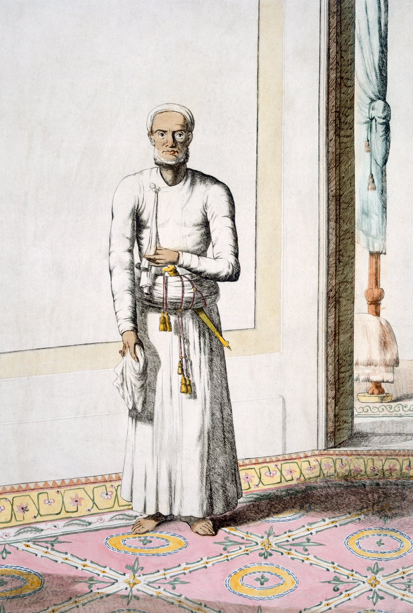 Hlavní sluha, z „Hinduisté nebo popis jejich způsobů, kostýmů a obřadů“, kolem 1808-12 (barevný lept) od Franz Balthazar Solvyns