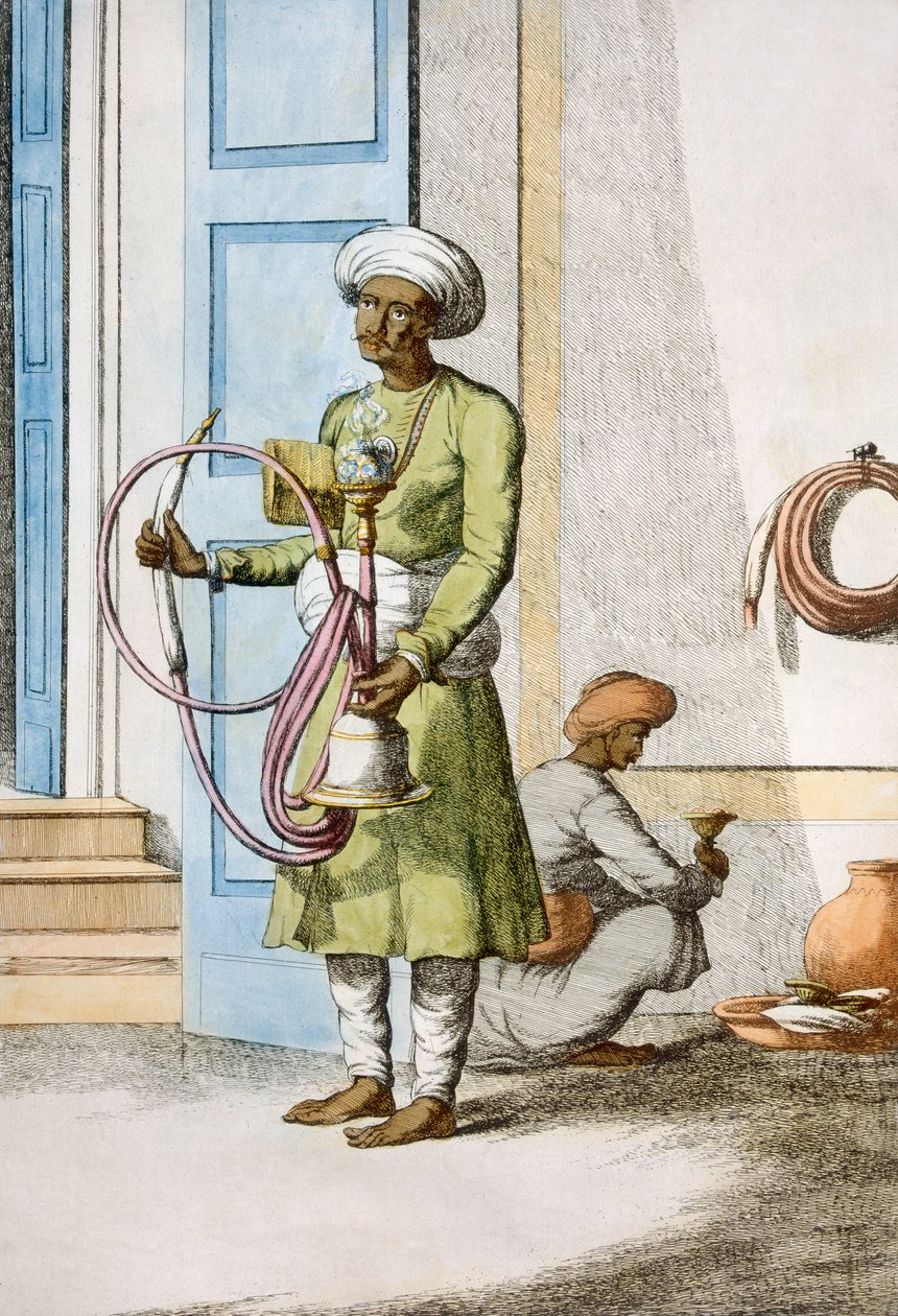 Vodní dýmka Burdar neboli Huka Bearer, z „Hinduisté nebo popis jejich způsobů, kostýmů a obřadů“, kolem 1808-12 (barevný lept) od Franz Balthazar Solvyns