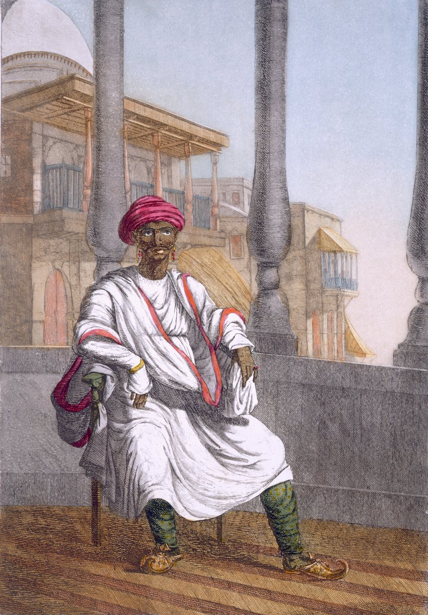 Landholder, hinduista vysoké třídy, z „Hinduisté nebo popis jejich způsobů, kostýmů a obřadů“, kolem 1808-12 (barevný lept) od Franz Balthazar Solvyns