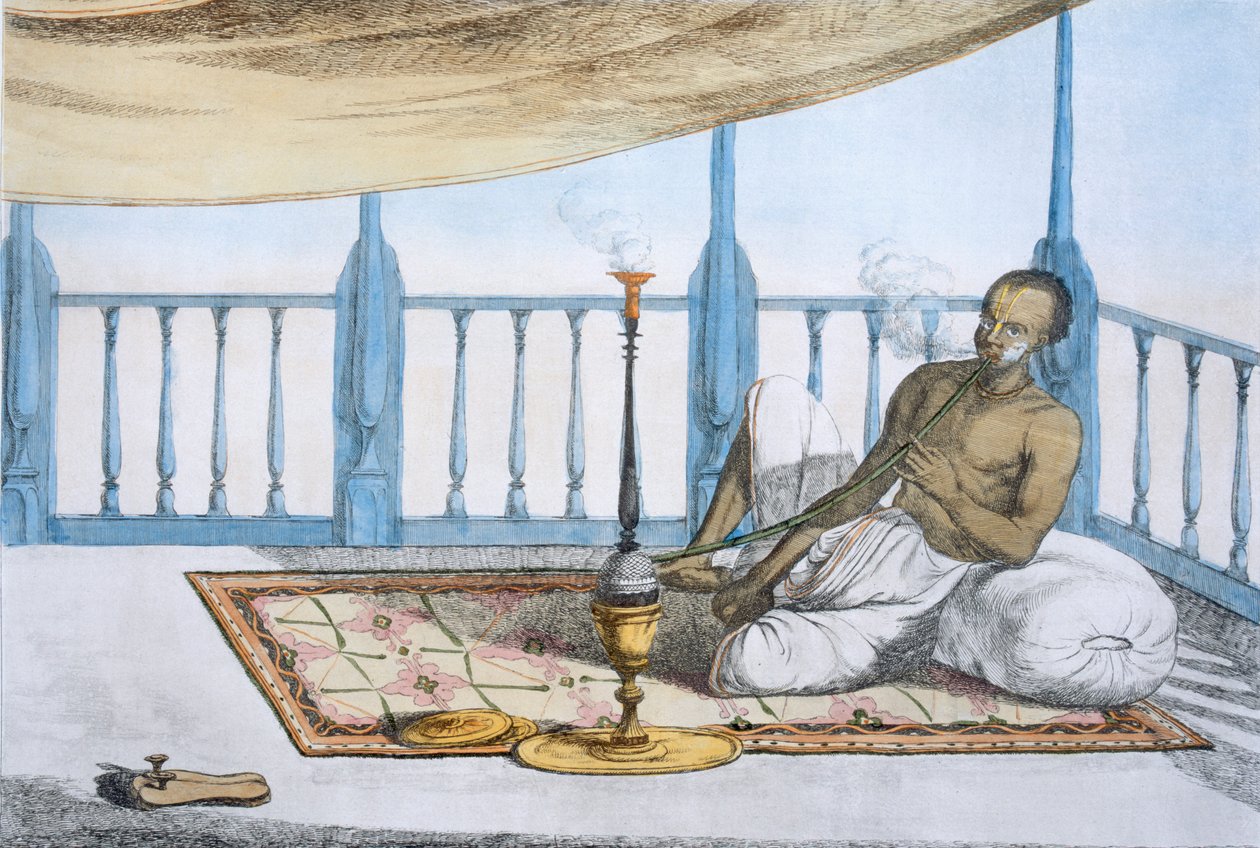 Muž kouří vodní dýmku hašiše nebo opia, hospoda. 1808-12. od Franz Balthazar Solvyns