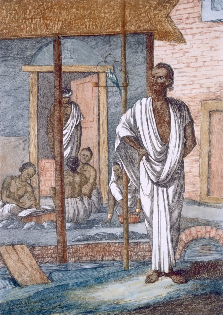 Směnárník ve svém obchodě, jeho prodavač zaznamenávající transakce a domácí korela, z „Hinduisté nebo popis jejich způsobů, kostýmů a obřadů“, kolem 1808-12 (barevný lept) od Franz Balthazar Solvyns