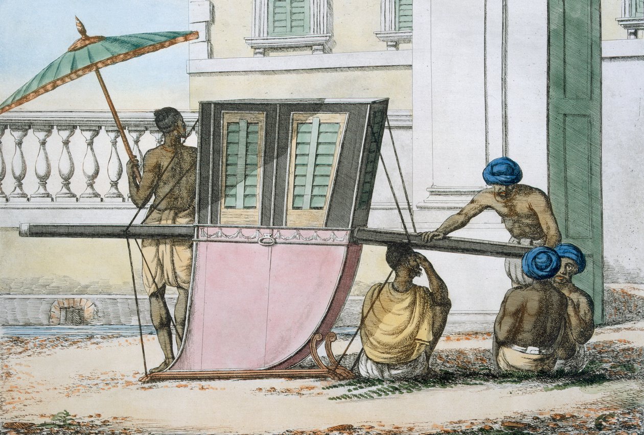Sedlo Palanquin, z „Mýry, zvyky a šaty hinduistů“, 1799 (barevný lept) od Franz Balthazar Solvyns