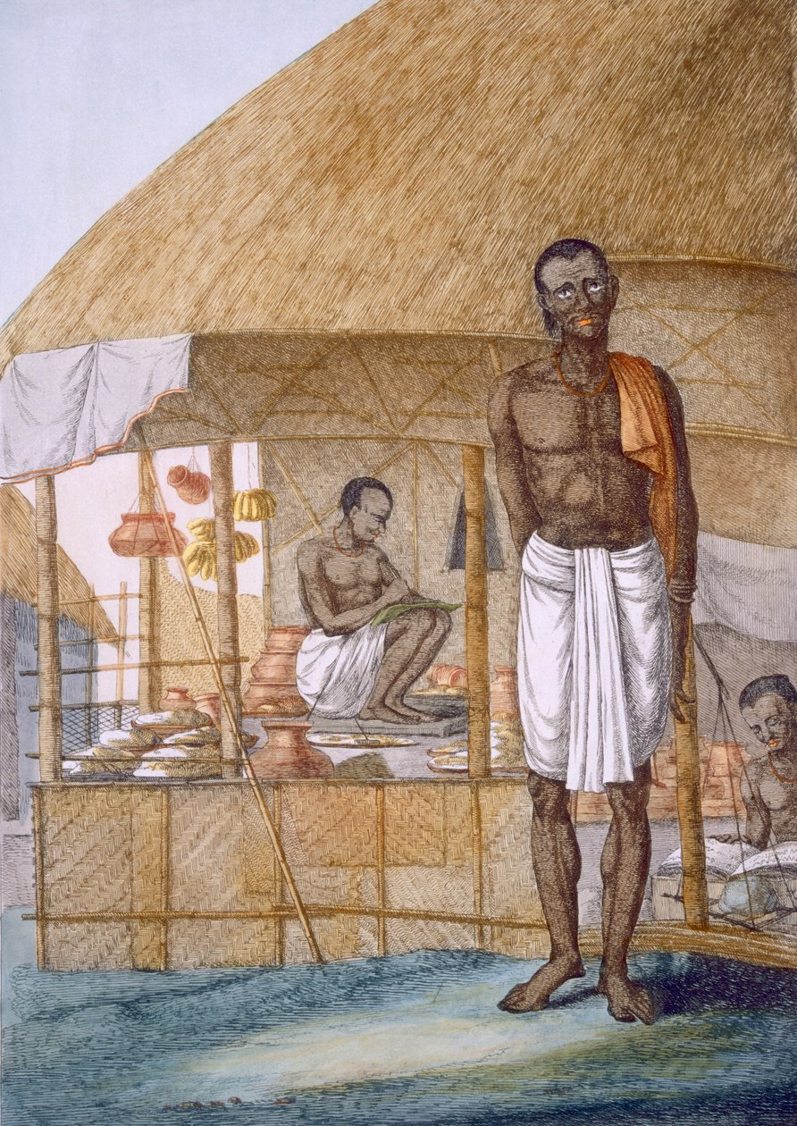 Obchodník prodávající hrnce, banány a obilí z knihy „Hinduisté nebo popis jejich způsobů, kostýmů a obřadů“, kolem 1808-12 (barevný lept) od Franz Balthazar Solvyns