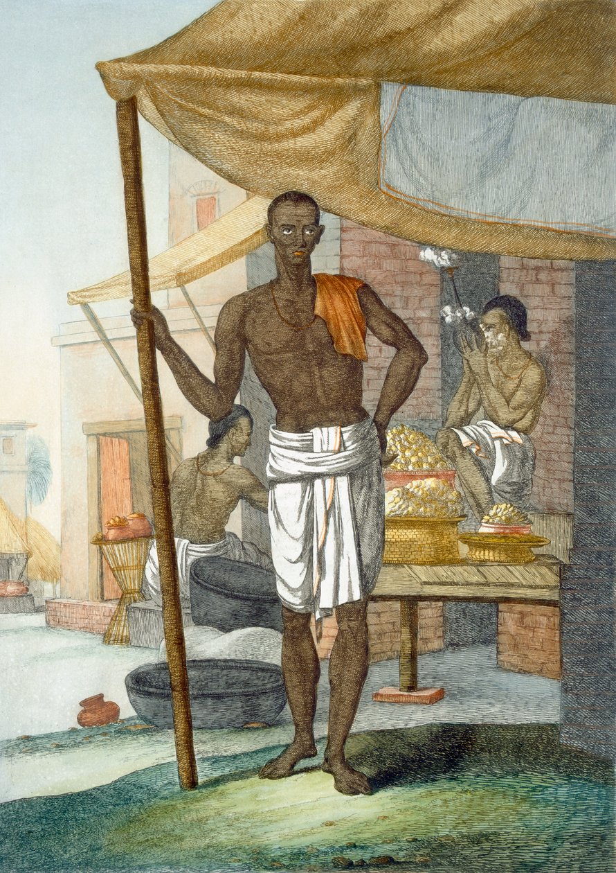 Obchodníci: cukrář, z „Hinduisté aneb popis jejich způsobů, kostýmů a obřadů“, kolem 1808-12 (barevný lept) od Franz Balthazar Solvyns
