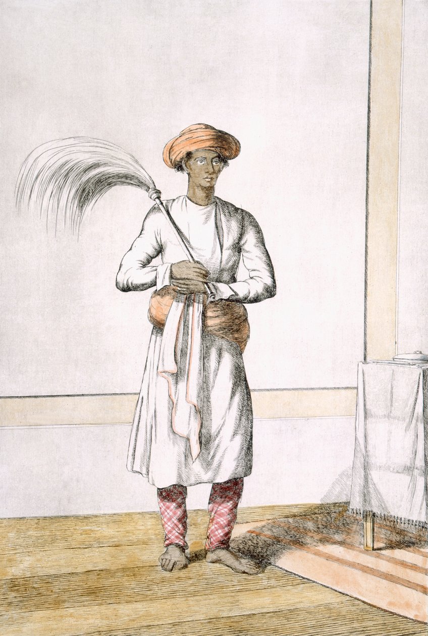 Nosič metličky, z knihy "Hinduisté, aneb popis jejich mravů, krojů a obřadů", asi 1808-12 (kolorovaný lept) od Franz Balthazar Solvyns