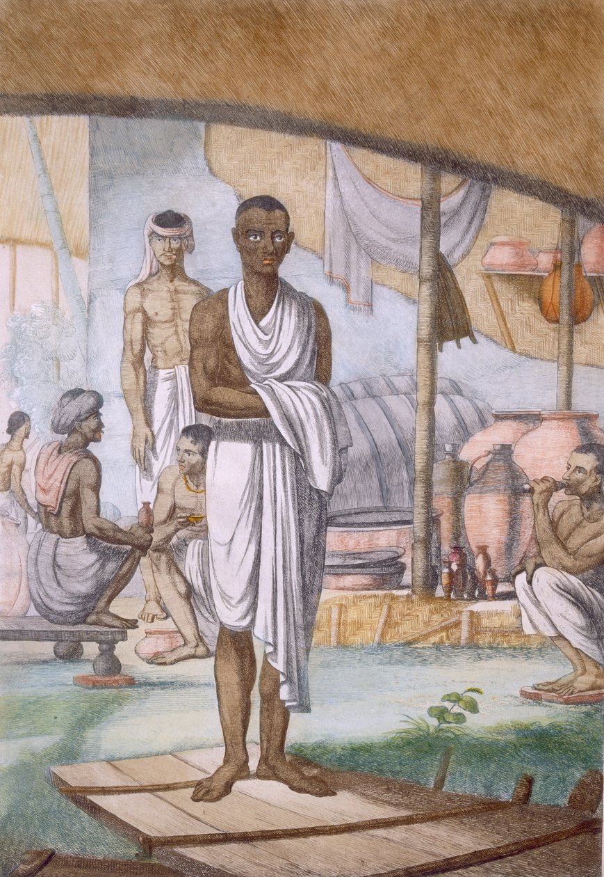 Vinař a obchodník z knihy „Hinduisté nebo popis jejich způsobů, kostýmů a obřadů“, kolem 1808-12 (barevný lept) od Franz Balthazar Solvyns