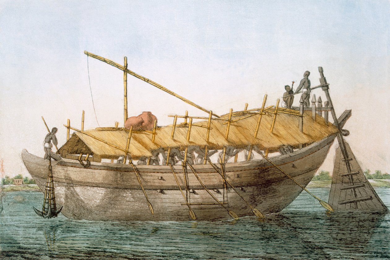Wolack, říční plavidlo pro přepravu zboží, z „Hinduisté nebo popis jejich způsobů, kostýmů a obřadů“, kolem 1808-12 (barevný lept) od Franz Balthazar Solvyns