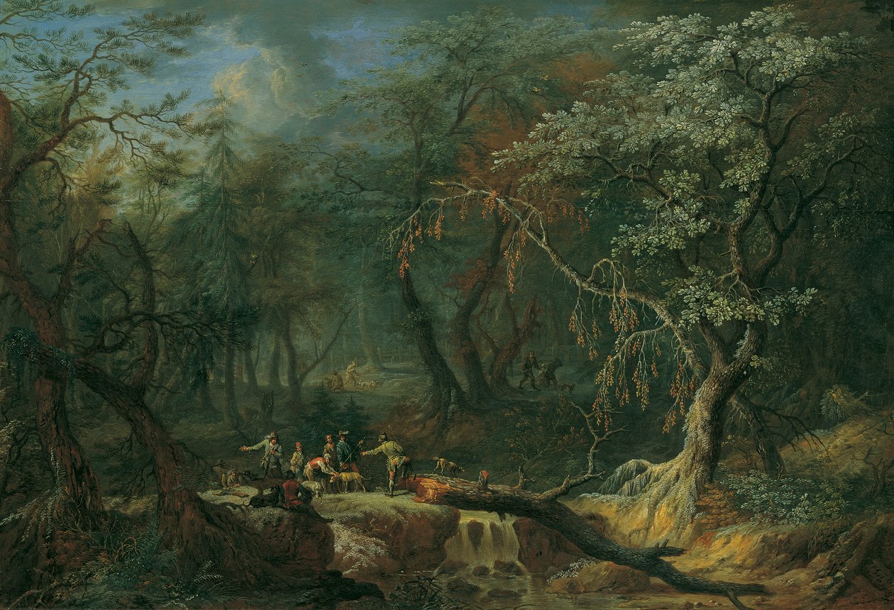 Lesní krajina s padlým stromem a lovci od Franz Christoph Janneck