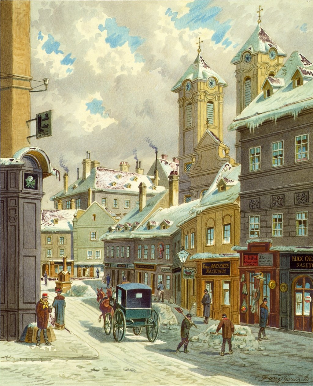 Neustiftgasse ve Vídni s kostelem Ulrichskirche od Franz Gerasch