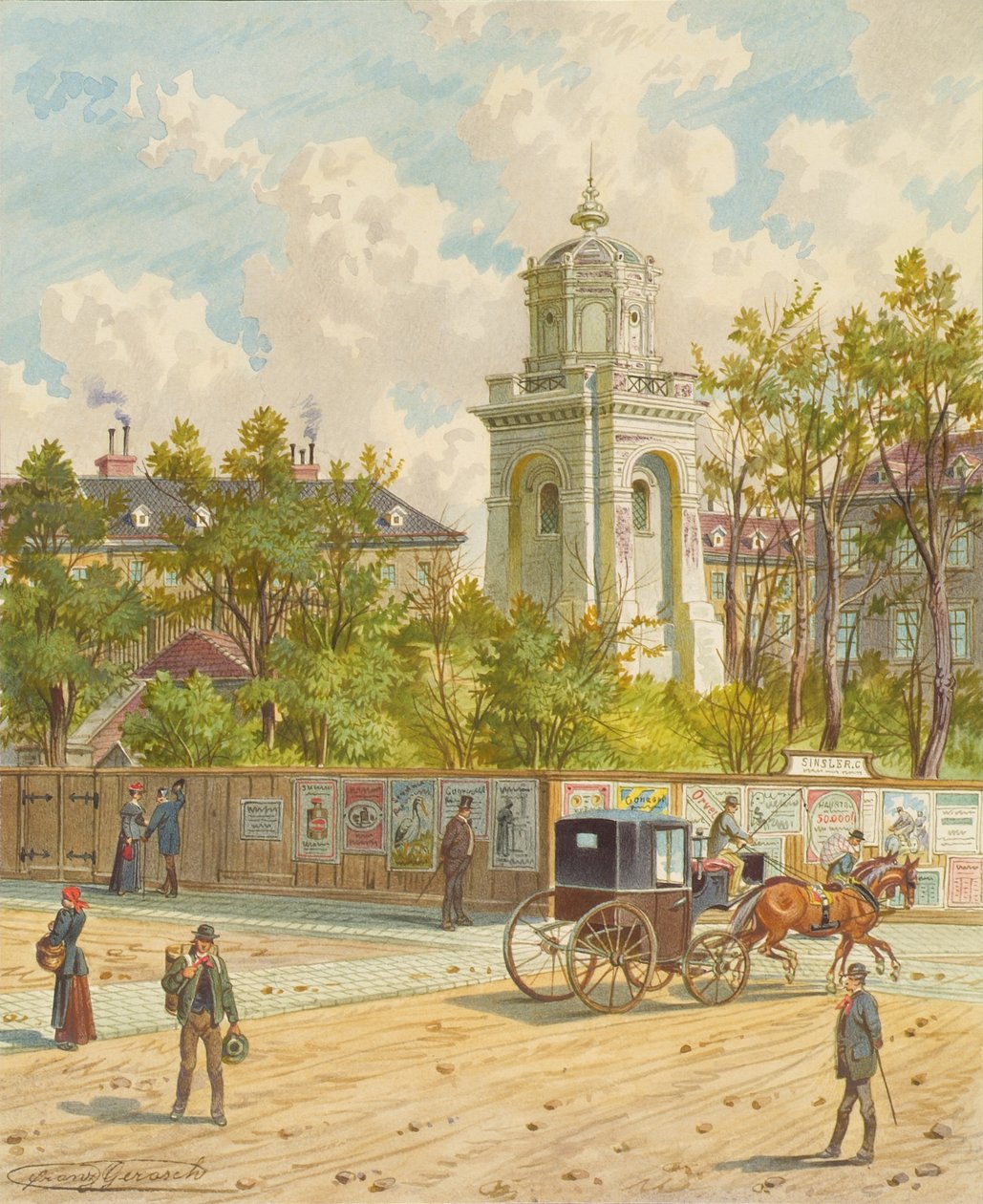 Währinger Strasse ve Vídni (s věží Ferdinandova akvaduktu) od Franz Gerasch