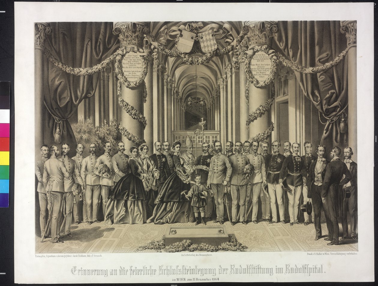 Vzpomínka na slavnostní položení náhrobku Rudolfovy nadace v Rudolfspitalu 1864 (litografie) od Franz Gerasch
