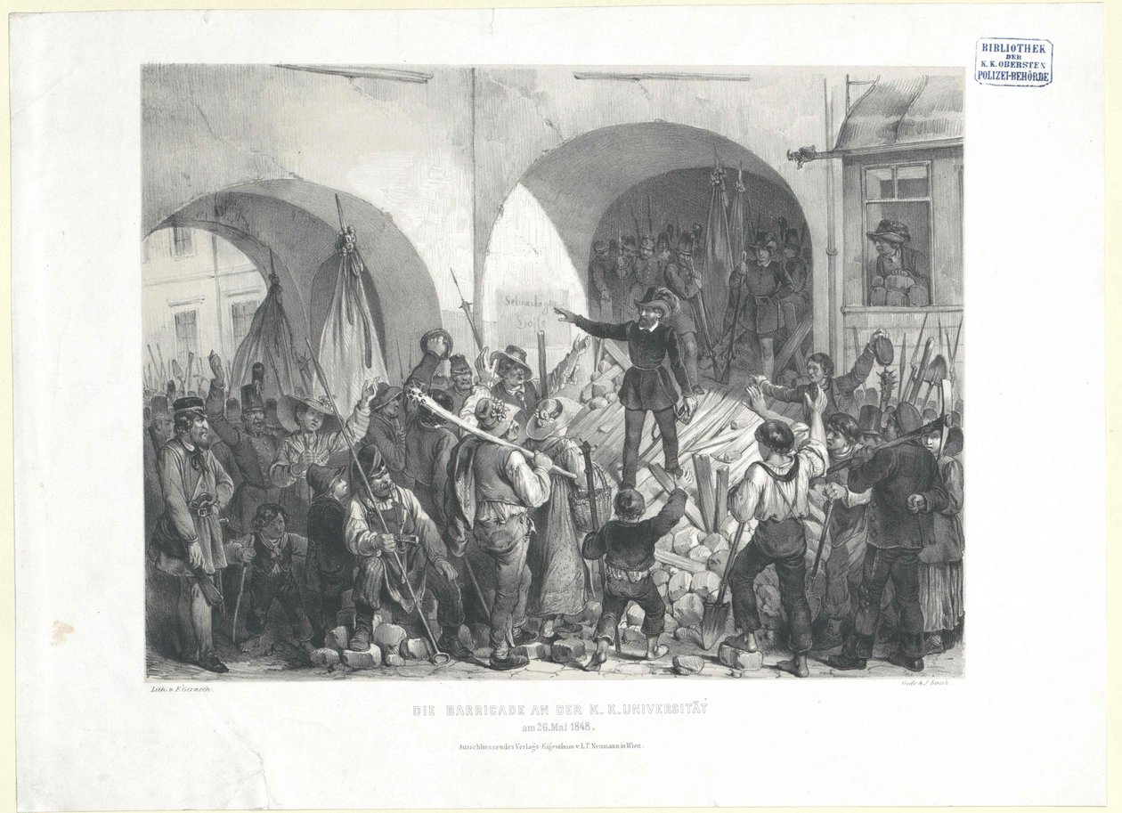 Barikáda na k. k. univerzitě na adrese 26. Květen 1848 (litografie) od Franz Gerasch