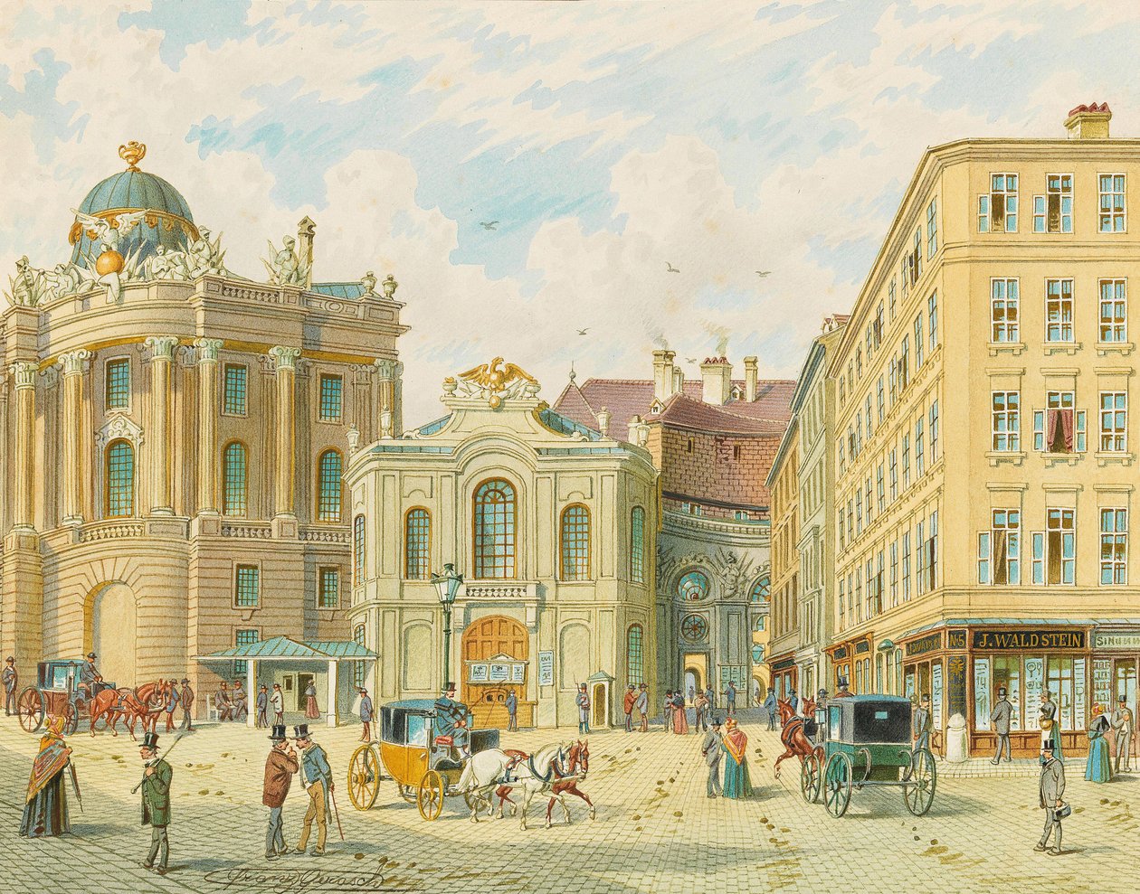 Starý Burgtheater ve Vídni - Franz Gerasch (1826-1906). Akvarel na papíře, počátek 1900. Rozměr: 23 x 29 cm. Soukromá sbírka od Franz Gerasch
