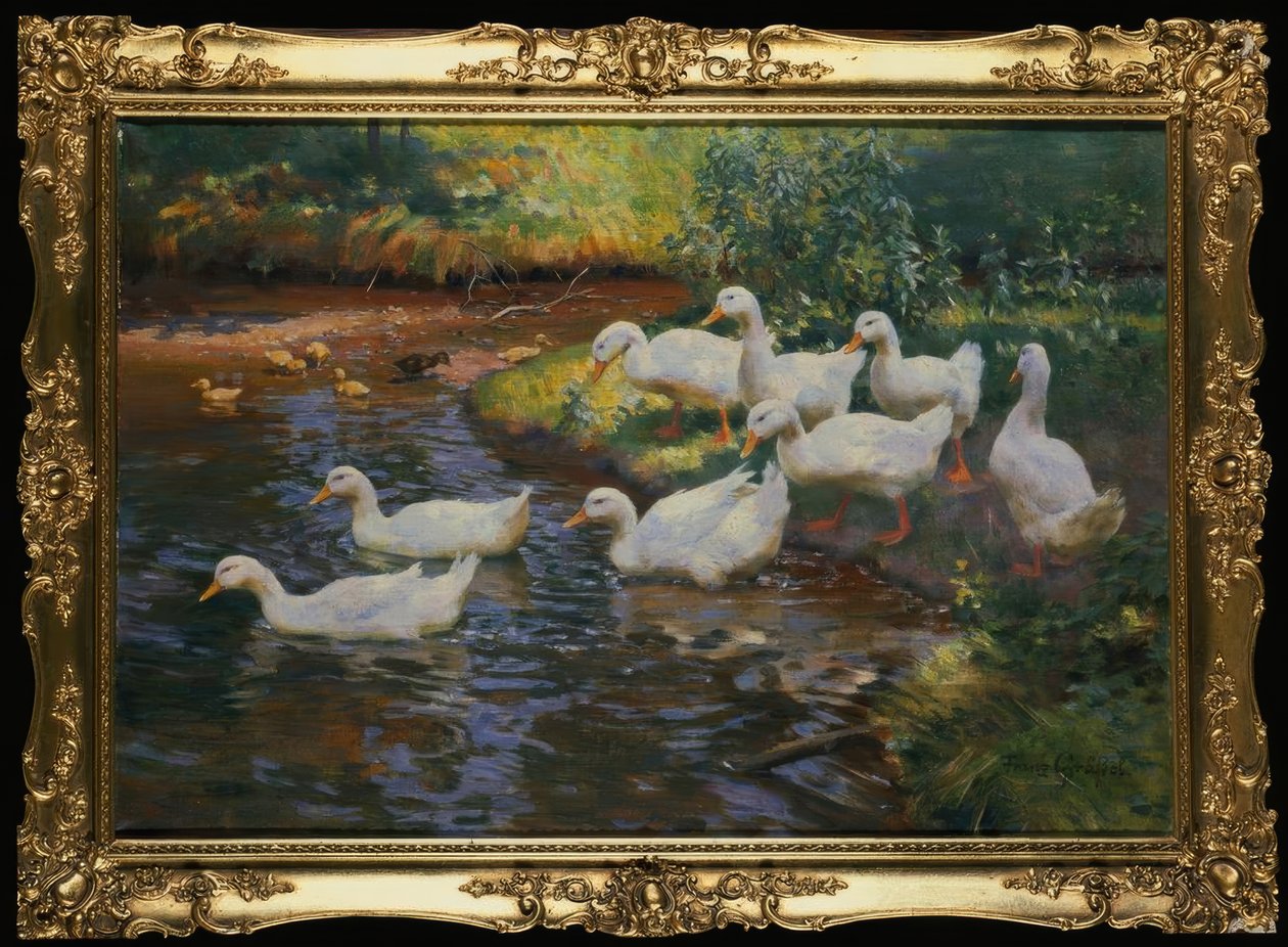 Kachní rodina (kachny s kuřaty na břehu potoka) od Franz Grassel