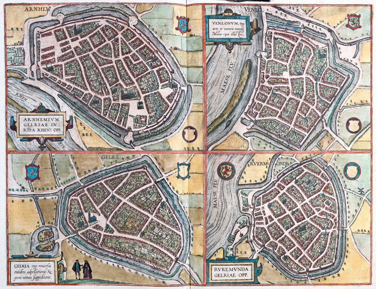 Arnhem a Venlo, Nizozemsko - Geldern, Německo a Ruermonde, Nizozemsko (rytina od Franz Hogenberg