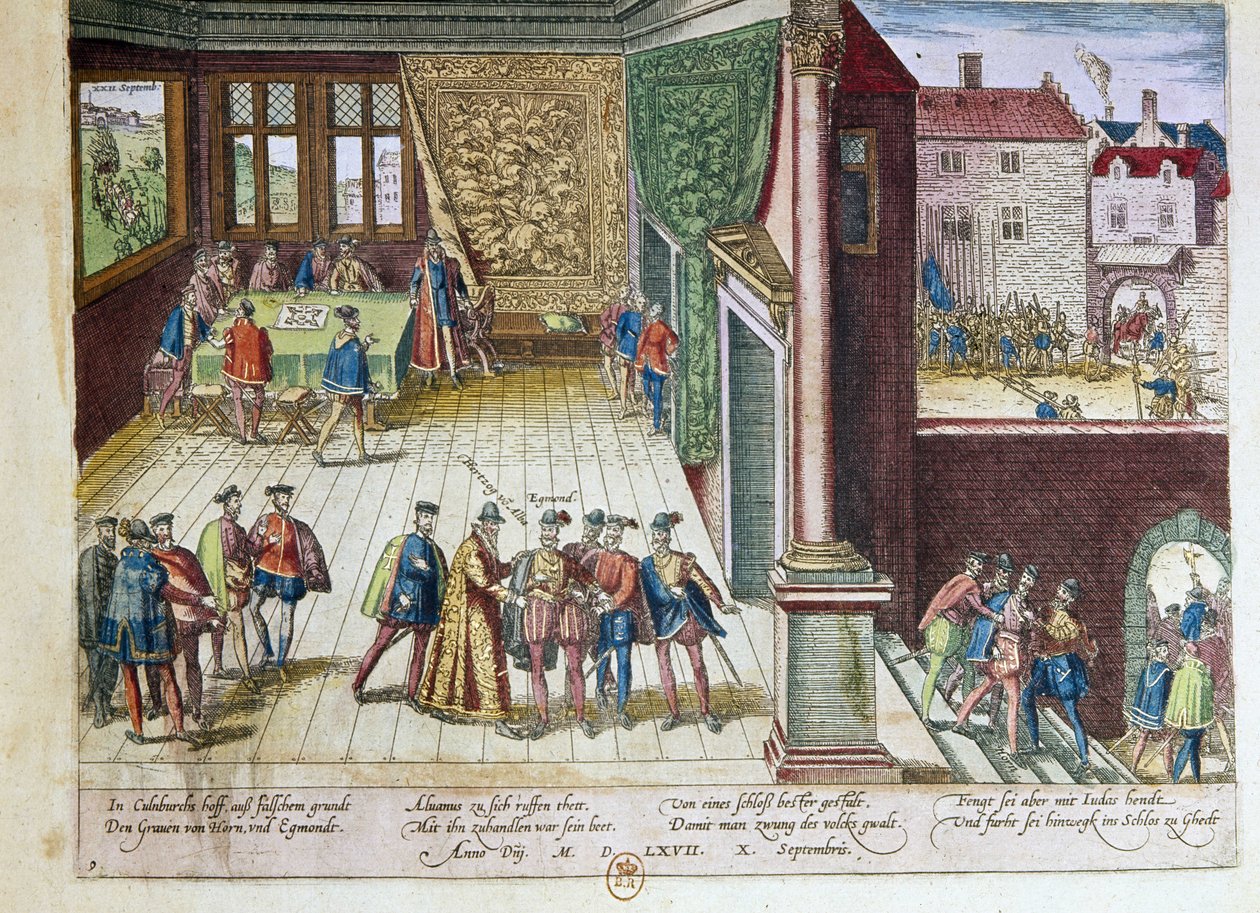 Zatčení Lamorala, hraběte z Egmontu (1522-1568) a Philippa de Montmorency (1524-1568), hraběte z Hornes (Hoorn) za jejich postavení proti španělskému králi Filipu II. (1527-1598). Budou popraveni v roce 1568 (vpravo nahoře) 1653 Tisk F od Franz Hogenberg