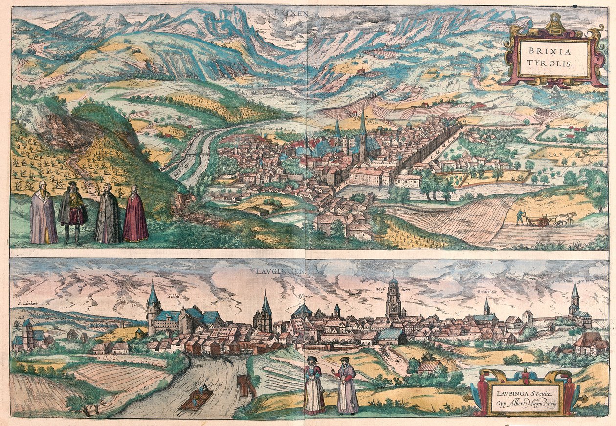 Brixen (Bressanone), Itálie a Lauingen, Donau, Německo (rytina od Franz Hogenberg