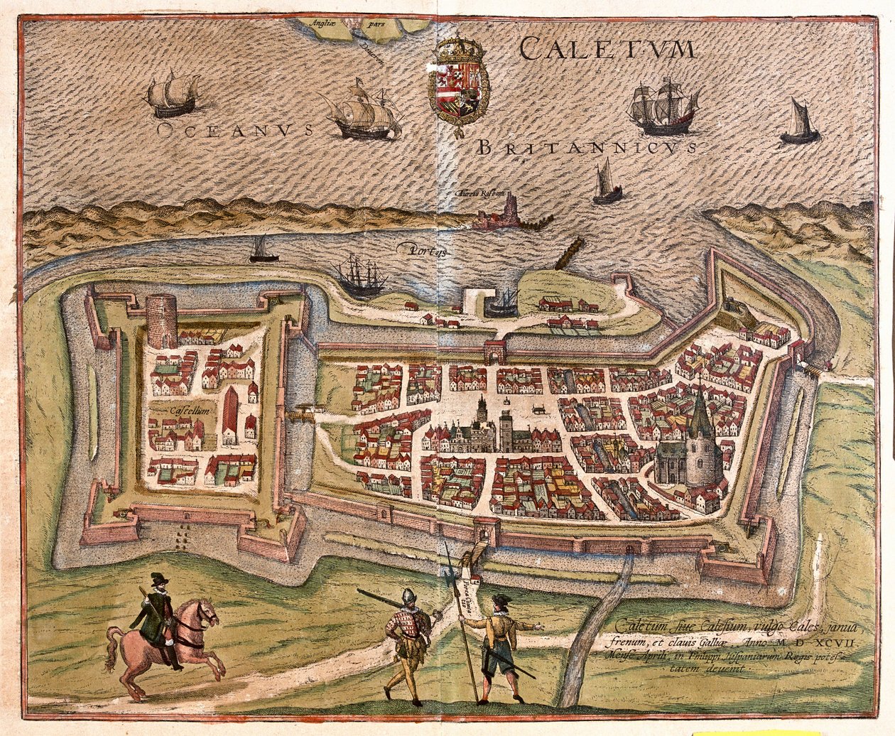 Calais, Francie: brána, pevnost a klíč Francie, se dostal pod moc španělského krále Filipa v roce 1597 (rytina od Franz Hogenberg
