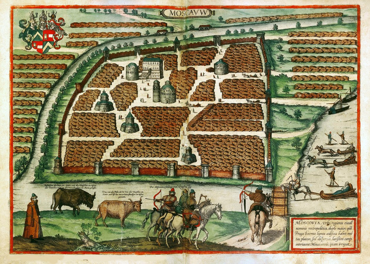 Mapa Moskvy (Rusko) - dílo Franse Hogenberga (1535-1590), rytina a akvarel extrahovaný z terária Civitates orbis od Franz Hogenberg