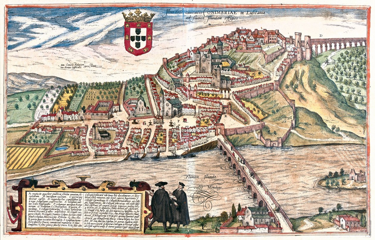 Coimbra, Portugalsko Dva akademici viděni v učené diskusi v popředí dále vizuálně odkazují na univerzitu (rytina od Franz Hogenberg