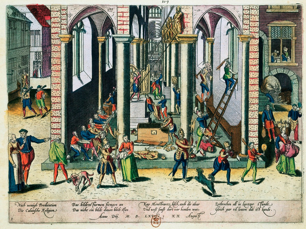 Ničení relikvií a soch v kostelech, duben 1566 (barevná rytina) od Franz Hogenberg