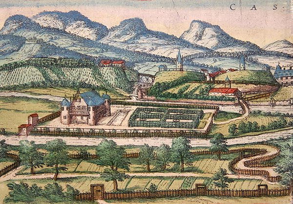 Detail pohledu na Kassel, z „Civitates orbis terrarum“, upravil Georg Braun (barevná rytina) od Franz Hogenberg