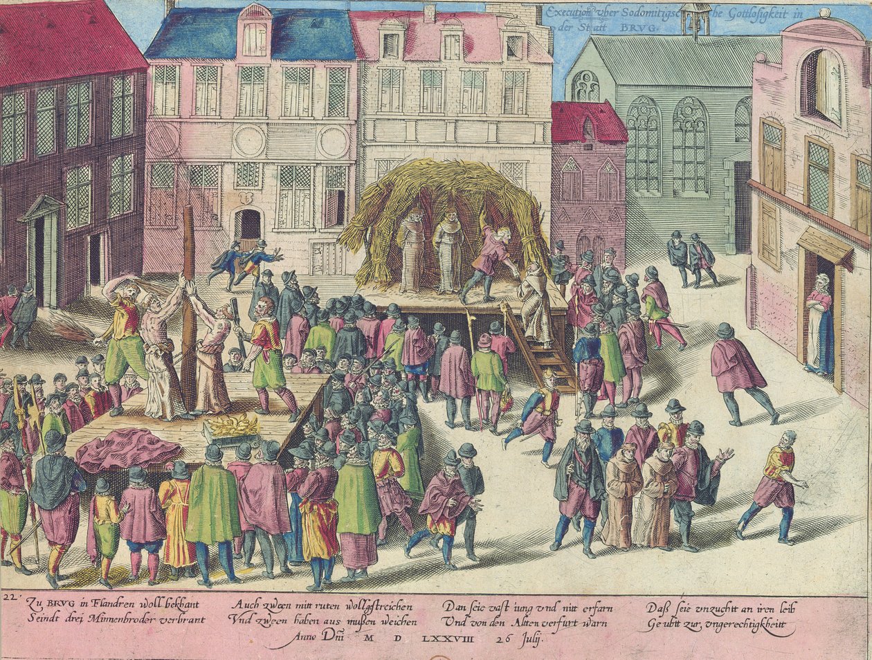 Poprava v Bruggách upálením tří mnichů za sodomii, 28. června 1578 od Franz Hogenberg