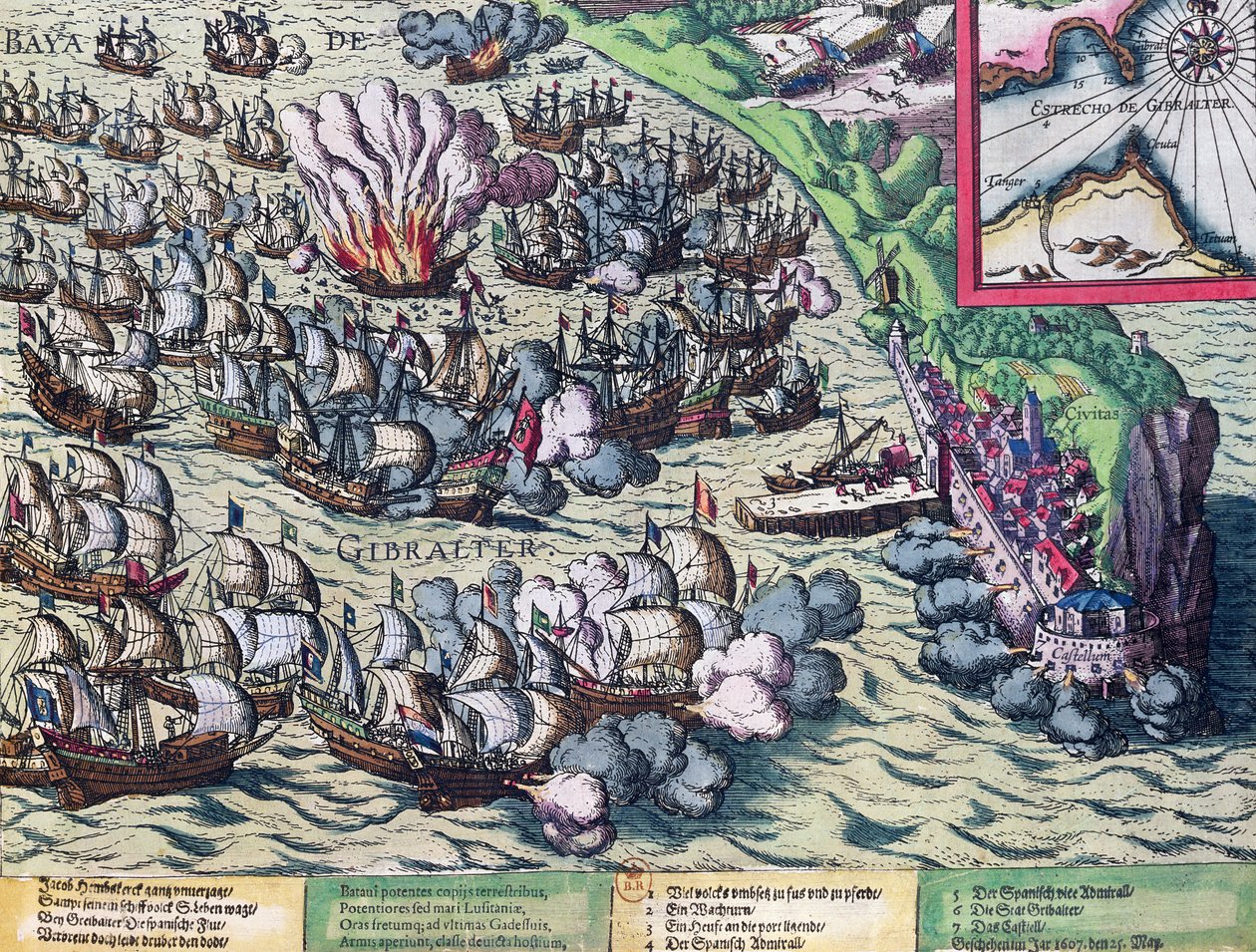 Boj u pobřeží Gibraltaru, vytištěno 25. května 1607 od Franz Hogenberg