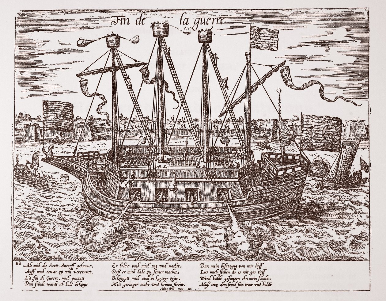 "Fin de la Guerre", válečná loď postavená pro Spojené provincie, 1585 od Franz Hogenberg