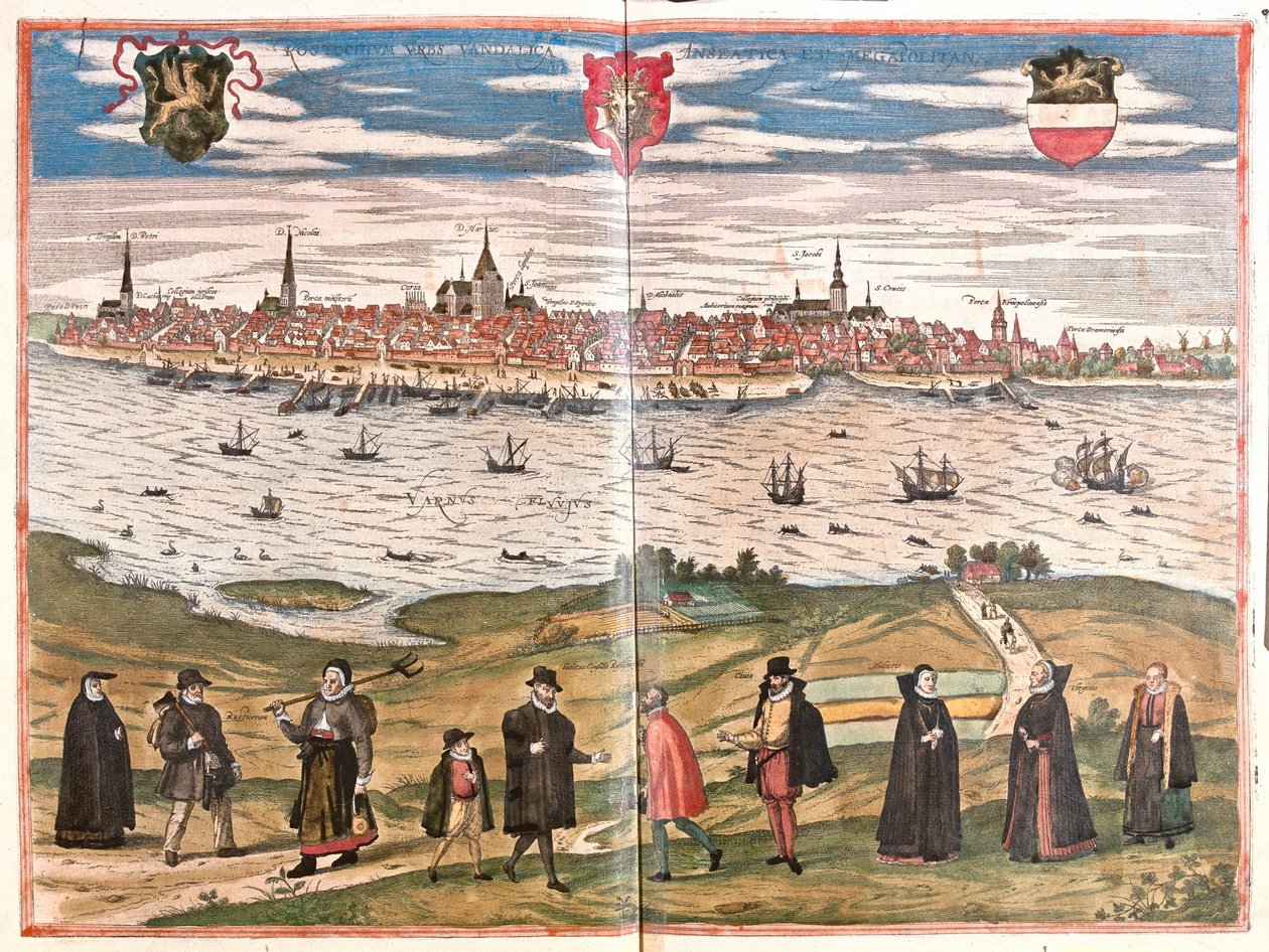 Celkový pohled na Rostock, Německo (rytina od Franz Hogenberg